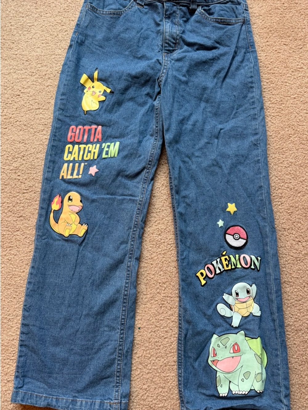 Pokemon Girls Straight Leg Jeans Sz 10 Pikachu Charmander Bulbasaur Denim EUC